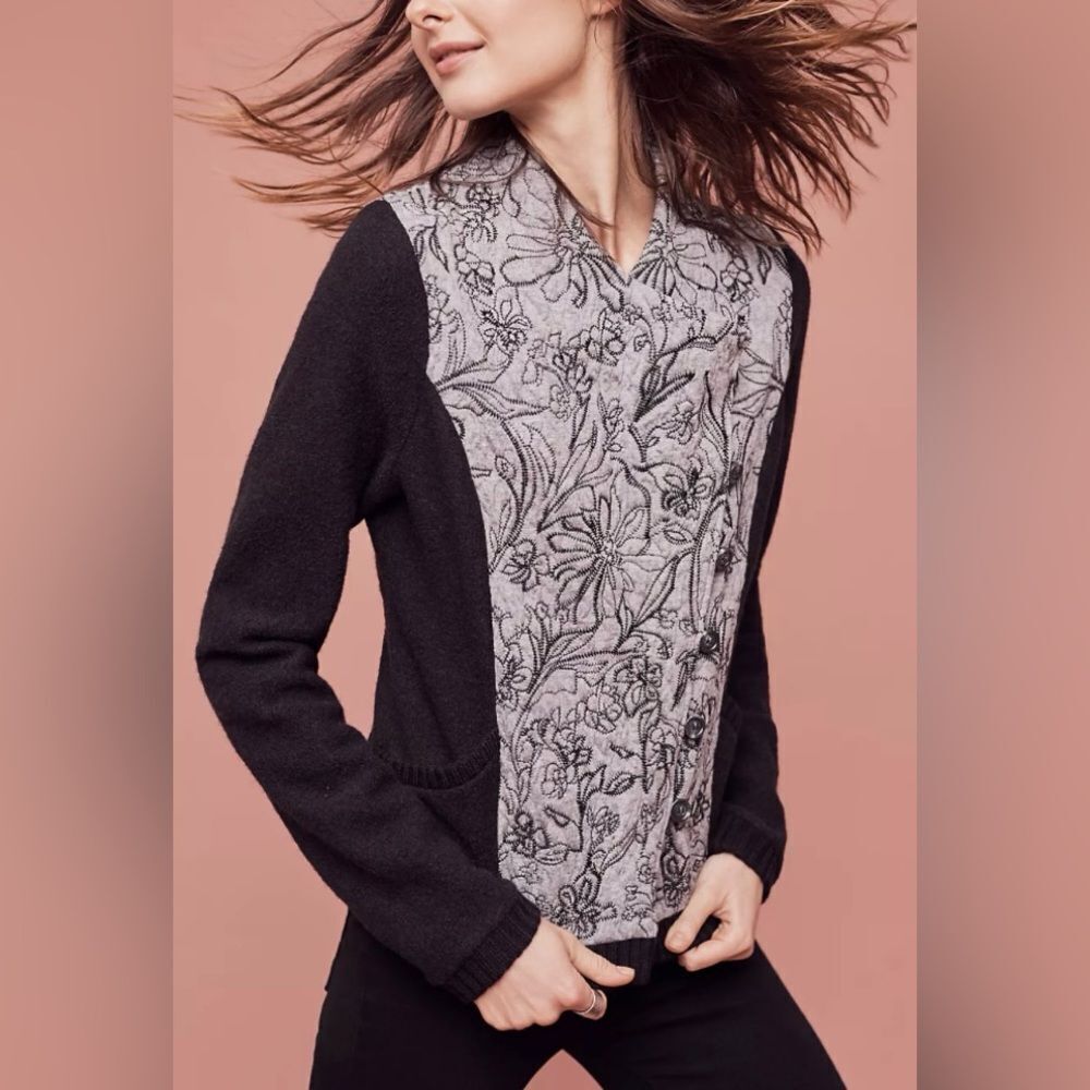 Anthropologie Knitted & Knotted BURKE Gray Black Embroidered Moto Jacket